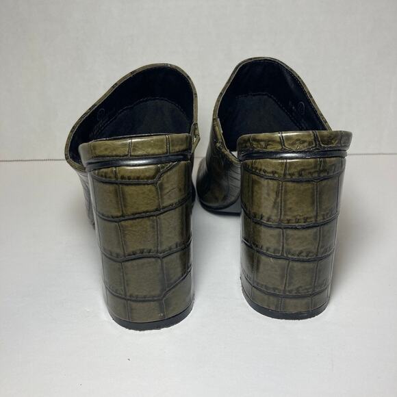 Lulus Croc Pattern Peep Toe Block Heel Mules Womens 7.5 Olive Green Faux Leather - Picture 3 of 10